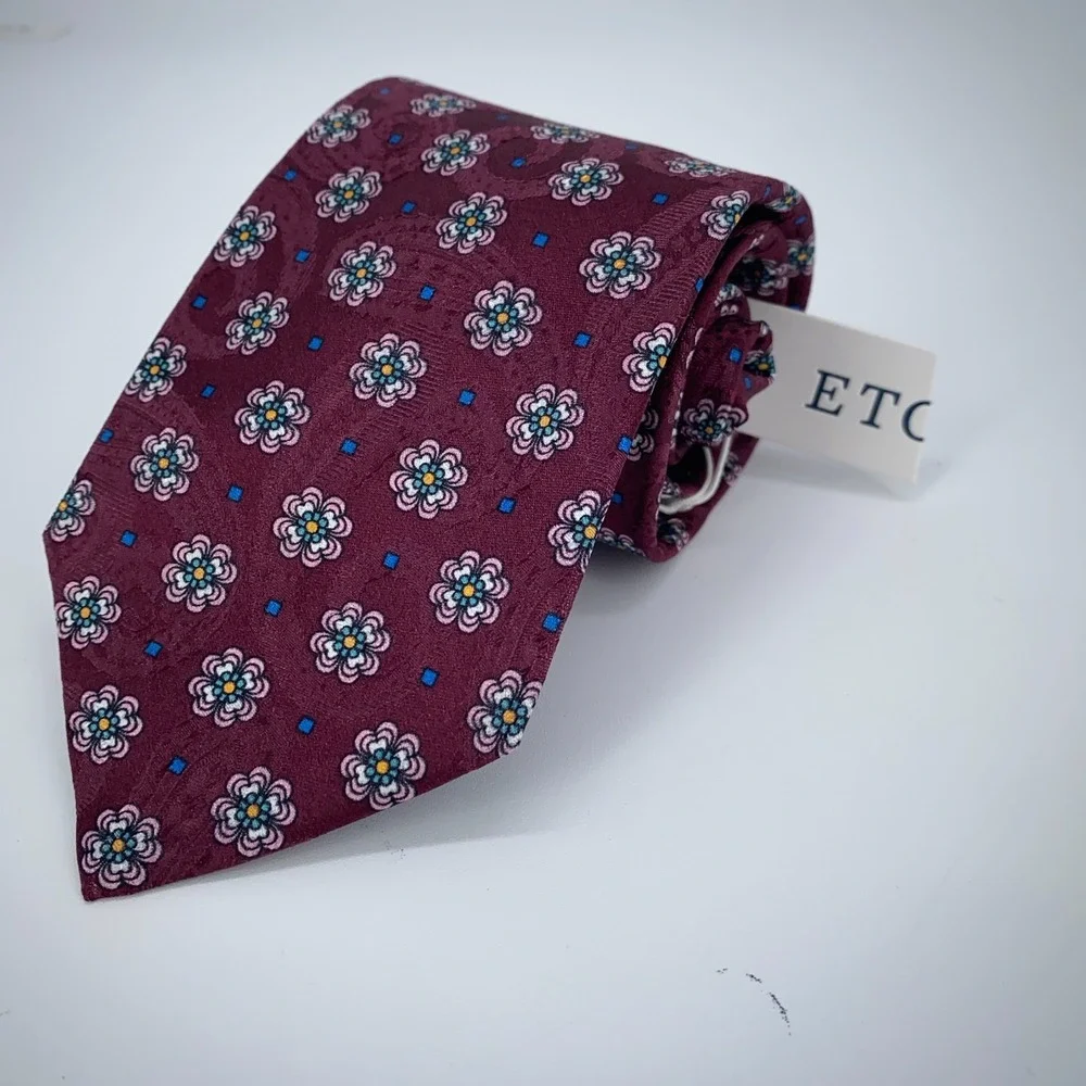 Eton Tie Mens One Size Maroon Floral Silk Luxury Classic Necktie Italy Made